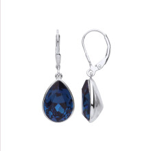 Jewelco London Ladies Rhodium Plated Sterling Silver Blue Pear CZ Bezel Solitaire Midnight Orb Drop Earrings - GVE977