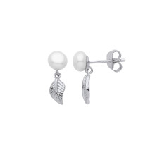 Jewelco London Ladies Rhodium Plated Sterling Silver Cream Pearl Full Moon Feather Leaf Drop Earrings - GVE960
