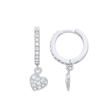 Jewelco London Ladies Rhodium Plated Sterling Silver CZ Eternity Huggie Hoop Love Heart Drop Earrings - GVE952