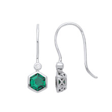 Jewelco London Sterling Silver Green Hexagon Honeycomb CZ Bezel Odd Couple Toi et Moi Drop Earrings - GVE950