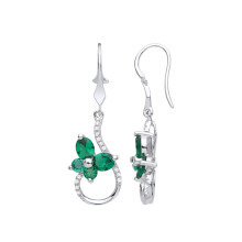 Jewelco London Ladies Rhodium Plated Sterling Silver Green Oval CZ Butterfly Monkey Tail Cluster Drop Earrings - GVE986