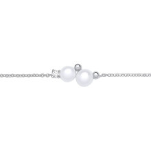 Jewelco London Ladies Rhodium Plated Sterling Silver Pearl CZ Rope Climbing Snowman Rolo Charm Bracelet 6.5 + 1 inch - GVB522