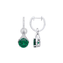 Jewelco London Ladies Rhodium Plated Sterling Silver Green CZ Halo Droplet Solitaire Huggie Hoop Drop Earrings - GVE983