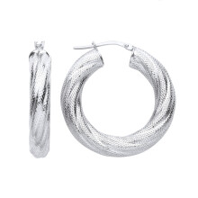 Jewelco London Ladies Rhodium Plated Sterling Silver Reptile Skin Mesh Twist Hoop Earrings - ER129