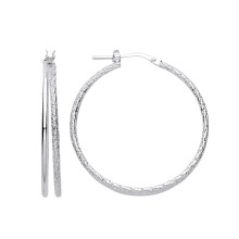 Jewelco London Ladies Rhodium Plated Sterling Silver Frosted Barked Double Hoop Earrings 33mm - ER138-30MM