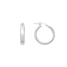 Jewelco London Ladies Rhodium Plated Sterling Silver D-Shape Wedding Band Hoop Earrings 20mm 4mm - ER118-15MM