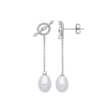 Jewelco London Ladies Rhodium Plated Sterling Silver Cream Oval Pearl CZ Saturn Bead Cluster Rolo Chain Drop Earrings - EAG1264