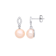 Jewelco London Ladies Rhodium Plated Sterling Silver Peach Pearl CZ Cats Eye Halo Peach Pink Harvest Moon Drop Earrings - EAG1257