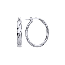 Jewelco London Ladies Rhodium Plated Sterling Silver Plaited Flat Twist Oval Hoop Earrings - ER153