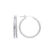Jewelco London Ladies Rhodium Plated Sterling Silver Frosted Barked Double Hoop Earrings 23mm - ER138-20MM