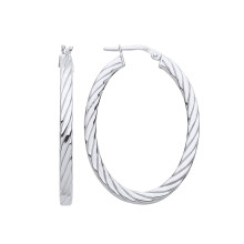 Jewelco London Ladies Rhodium Plated Sterling Silver Square Tube Twisted Oval Hoop Earrings - ER122