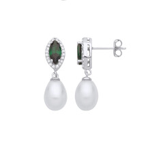 Jewelco London Ladies Sterling Silver Cream Green Pear Marquise Pearl CZ Cats Eyes Halo Cluster Drop Earrings - EAG1259