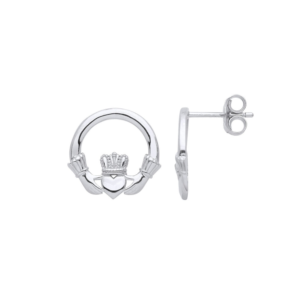 Jewelco London Ladies Rhodium Plated Sterling Silver Claddagh Fáinne Chladaigh Stud Earrings - Gve965sml