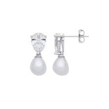 Jewelco London Ladies Rhodium Plated Sterling Silver Cream Pear Pearl CZ Tears of Joy Nugget Drop Earrings - EAG1261