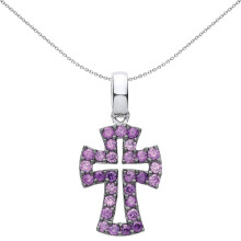 Jewelco London Unisex Rhodium Plated Sterling Silver Purple CZ Graduated Serif Byzantine Cross Pendant Necklace - GVX066