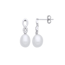 Jewelco London Ladies Rhodium Plated Sterling Silver Cream Oval Pearl CZ Double Teardop Halo Drop Earrings - EAG1260