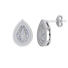 Jewelco London Ladies Platinum Plated Sterling Silver Baguette CZ Shimmering Sunshine Cluster Avocado Drop Earrings - EAG1189