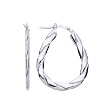 Jewelco London Ladies Rhodium Plated Sterling Silver Plaited Flat Twist Pear Hoop Earrings - ER149