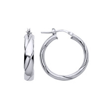 Jewelco London Ladies Rhodium Plated Sterling Silver Plaited Flat Twist Hoop Earrings 25mm 5mm - ER148