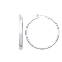 Jewelco London Ladies Rhodium Plated Sterling Silver D-Shape Wedding Band Hoop Earrings 35mm 4mm - ER118-30MM