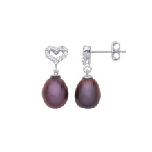 Jewelco London Ladies Sterling Silver Purple Oval Pearl CZ Love Heart Cluster Purple Peacock Plum Drop Earrings - EAG1258