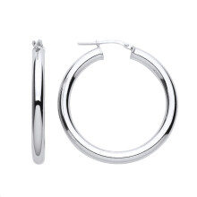 Jewelco London Ladies Rhodium Plated Sterling Silver Round Tube Donut Hoop Earrings 33mm 4mm - ER127
