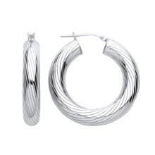 Jewelco London Ladies Rhodium Plated Sterling Silver Barked Hurricane Twist Hoop Earrings - ER128