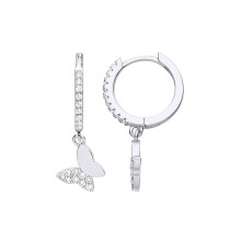 Jewelco London Ladies Rhodium Plated Sterling Silver CZ Semi Set Butterfly Charm Huggie Hoop Drop Earrings - EAG1192
