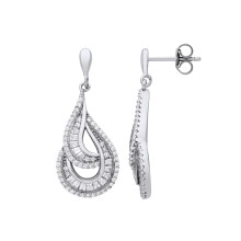 Jewelco London Ladies Rhodium Plated Sterling Silver Baguette CZ Twist Spiral Staircase Avocado Drop Earrings - EAG1217