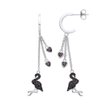 Jewelco London Ladies Rhodium Plated Sterling Silver Black Heart CZ Love Heart Flamingo 2/3 Hoop Chain Drop Earrings - EAG1135