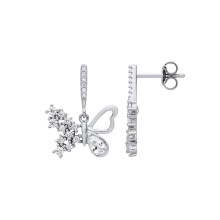 Jewelco London Ladies Rhodium Plated Sterling Silver Pear CZ Frosted Butterfly Drop Earrings - EAG1223