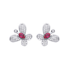 Jewelco London Ladies Rhodium Plated Sterling Silver Red Pear CZ Loopy Butterfly Drop Earrings - EAG1136