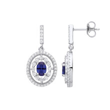 Jewelco London Ladies Rhodium Plated Sterling Silver Blue Oval CZ Halo Blue Eyes Cluster Drop Earrings - EAG1129