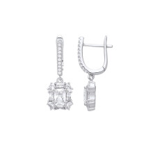 Jewelco London Ladies Rhodium Plated Sterling Silver Radiant Oval CZ Rounded Rectangle Cluster Drop Earrings - EAG1230