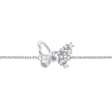 Jewelco London Ladies Rhodium Plated Sterling Silver Pear CZ Frosted Butterfly Rolo Charm Bracelet 7.25 + 1 inch - GVB571