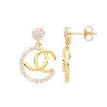 Jewelco London Ladies Gold-Plated Sterling Silver CZ Moon Pretzel Hoop Drop Earrings - EAG1142