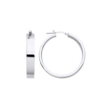 Jewelco London Ladies Rhodium Plated Sterling Silver Rectangular Tube Flat Band Hoop Earrings 32mm 6mm - ER132