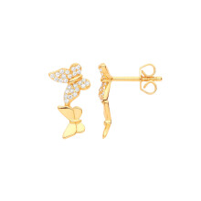 Jewelco London Ladies Gold-Plated Sterling Silver CZ Fluttering Butterflies Pave Drop Earrings - EAG1097