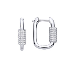 Jewelco London Ladies Rhodium Plated Sterling Silver CZ Rounded Rectangle Cluster Huggie Hoop Drop Earrings - EAG1241