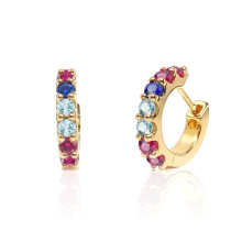 Jewelco London Ladies Gold-Plated Sterling Silver Red Blue CZ Alternating Eternity Huggie Hoop Earrings - EAG1160