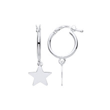 Jewelco London Ladies Rhodium Plated Sterling Silver Hanging Magic Star Charm Hoop Drop Earrings - EAG1151