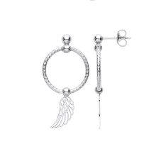 Jewelco London Ladies Platinum Plated Sterling Silver Angel Dove Wing Bead Barked Hoop Drop Earrings - EAG1102