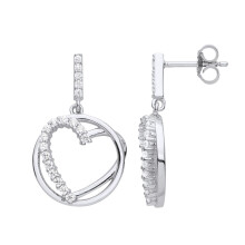 Jewelco London Ladies Rhodium Plated Sterling Silver CZ Trapped Love Heart Eternity Hoop Drop Earrings - EAG1103
