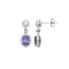 Jewelco London Ladies Rhodium Plated Sterling Silver Lilac Oval CZ Double Halo Cluster Raindrop Drop Earrings - EAG1247