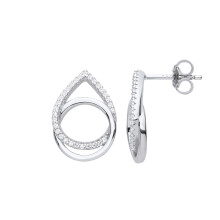 Jewelco London Ladies Rhodium Plated Sterling Silver CZ Pave Raindrop Interlocked Ring Halo Drop Earrings - EAG1104