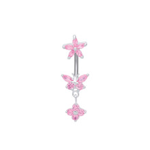 Jewelco London Ladies Silver Pink Marquise CZ Buttefly Starfish Daisy Flower with Stainless Steel Belly Bar & Ball - GBB55