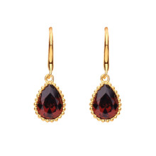 Jewelco London Ladies Gold-Plated Sterling Silver Garnet Pear CZ Bead Edge Solitaire Drop Earrings - EAG1175