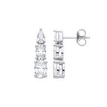 Jewelco London Ladies Rhodium Plated Sterling Silver Oval Pear CZ Graduated Trilogy Snowman Clown Drop Earrings - EAG1115