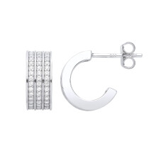 Jewelco London Ladies Rhodium Plated Sterling Silver CZ 3 Row Eternity Rings 2/3 Hoop Drop Earrings - EAG1028