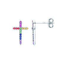 Jewelco London Ladies Rhodium Plated Sterling Silver Rainbow CZ Rainbow Religious Cross Drop Earrings - EAG1081